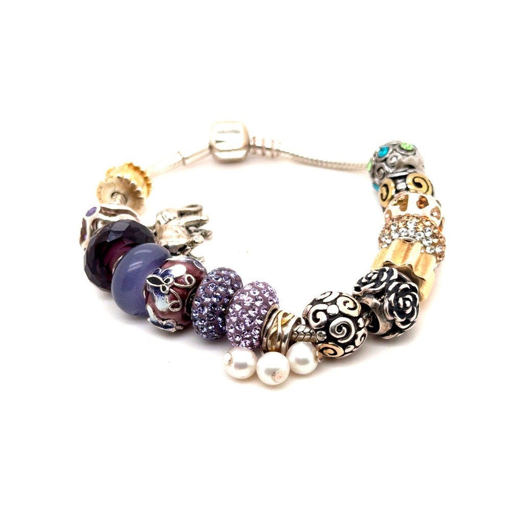 Mixed Metal Purple Crystal Elephant Charm Bracelet 7.5 Inch Snake Chain